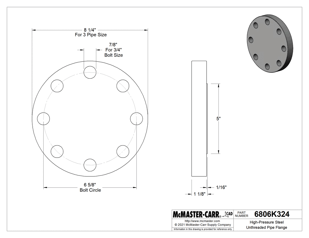 Technical Drawing of High-Pressure Steel Unthreaded Pipe Flange, Cap, 300 Class, 3 Pipe Size.